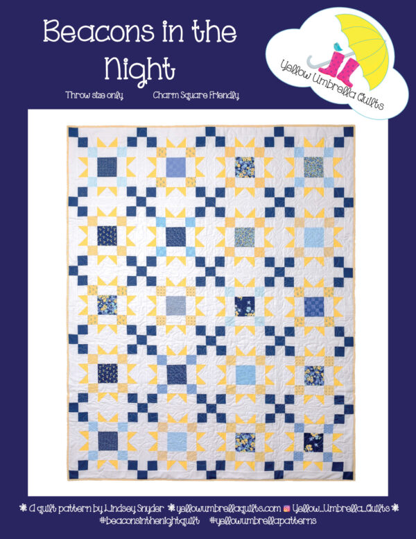 A quilt pattern with squares and triangles, blues, and yellows, sold by Yellow Umbrella Quilts.