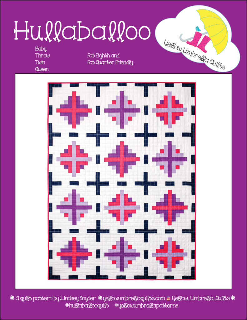 A square quilt pattern by Yellow Umbrella Quilts with purple and red accents available in a PDF version.
