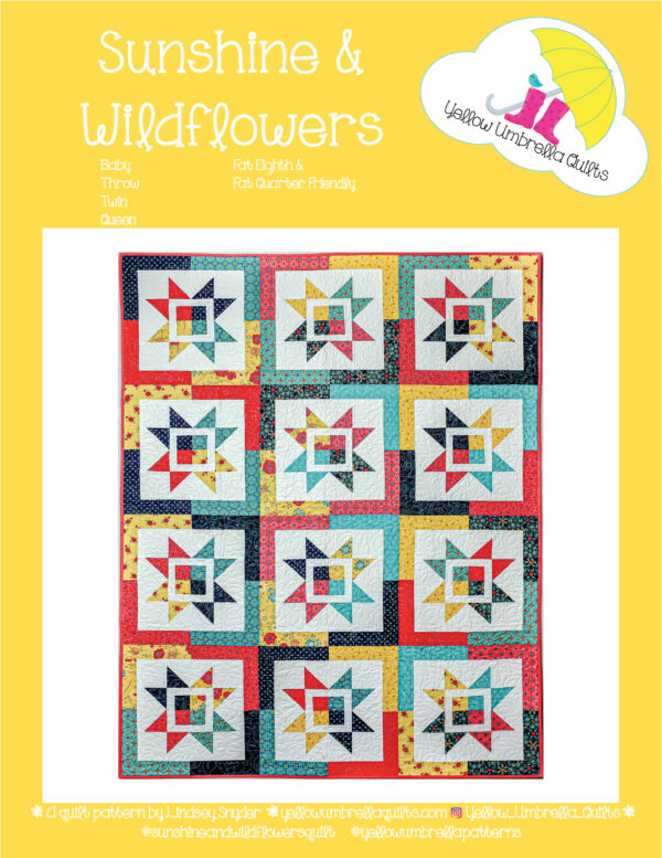A Sunshine & Wildflowers quilt with bright colors and exciting shapes made by Yellow Umbrella Quilts.